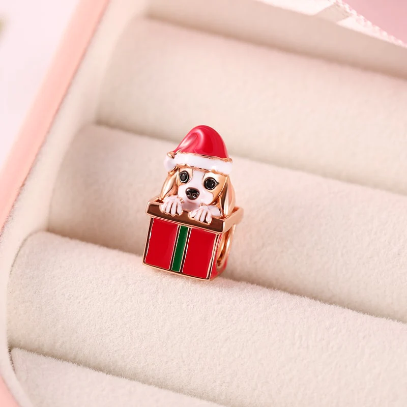 Charms z psem i pudełkiem z prezentem ze srebra próby 925 pozłacana różowym złotem 18k na Boże Narodzenie. - Image 2