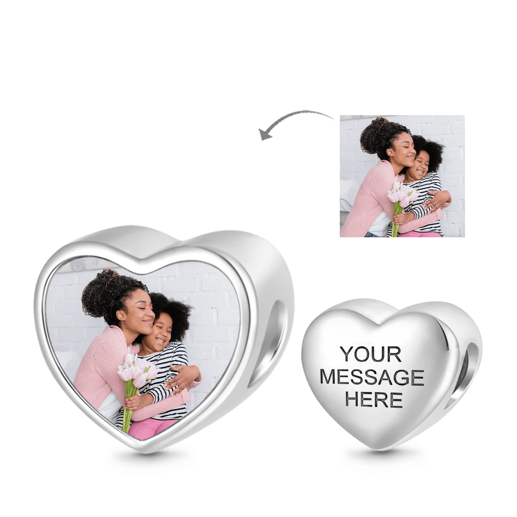 Gnoce Heart Shaped Engravable Photo Family Charm Platinum Silver Blend - Image 2
