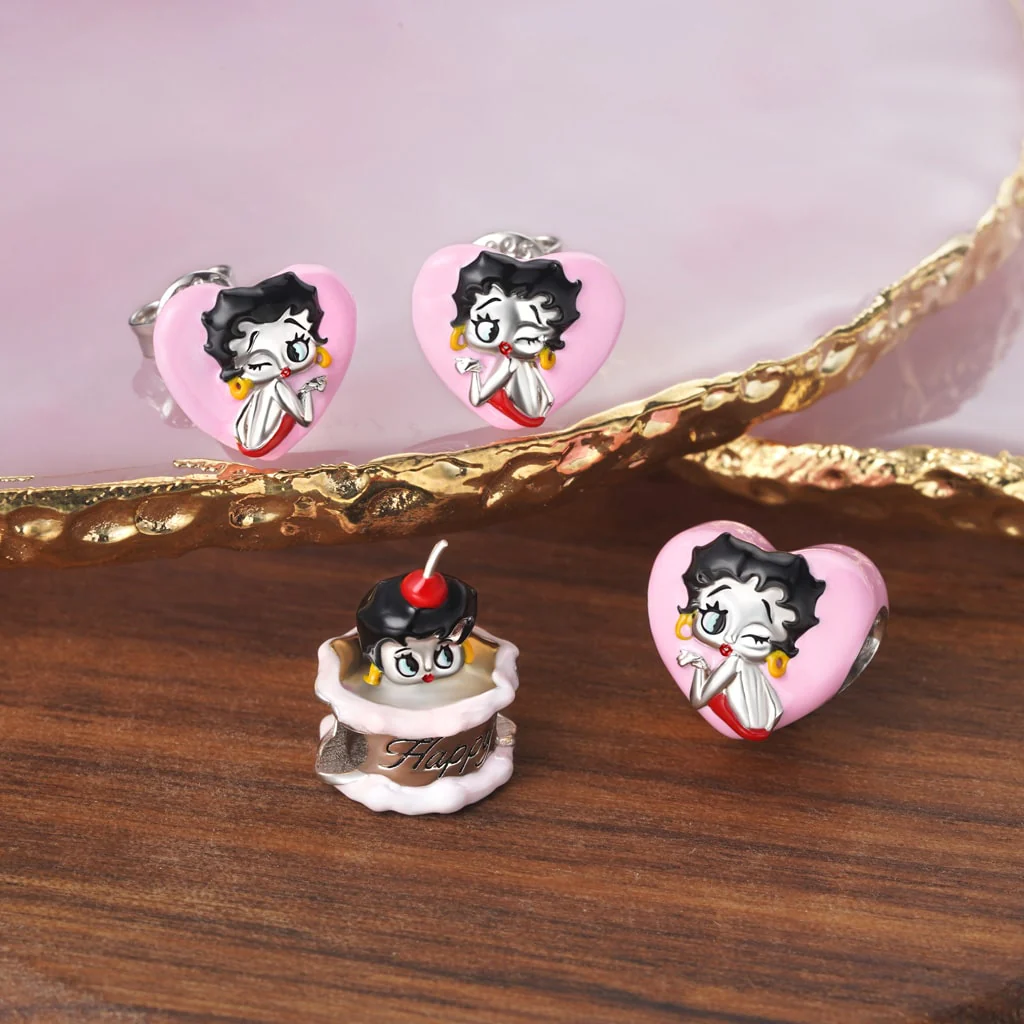 Gnoce Kolczyki stud Betty Boop różowe serce Mieszanka srebra platerowanego platyną - Image 3