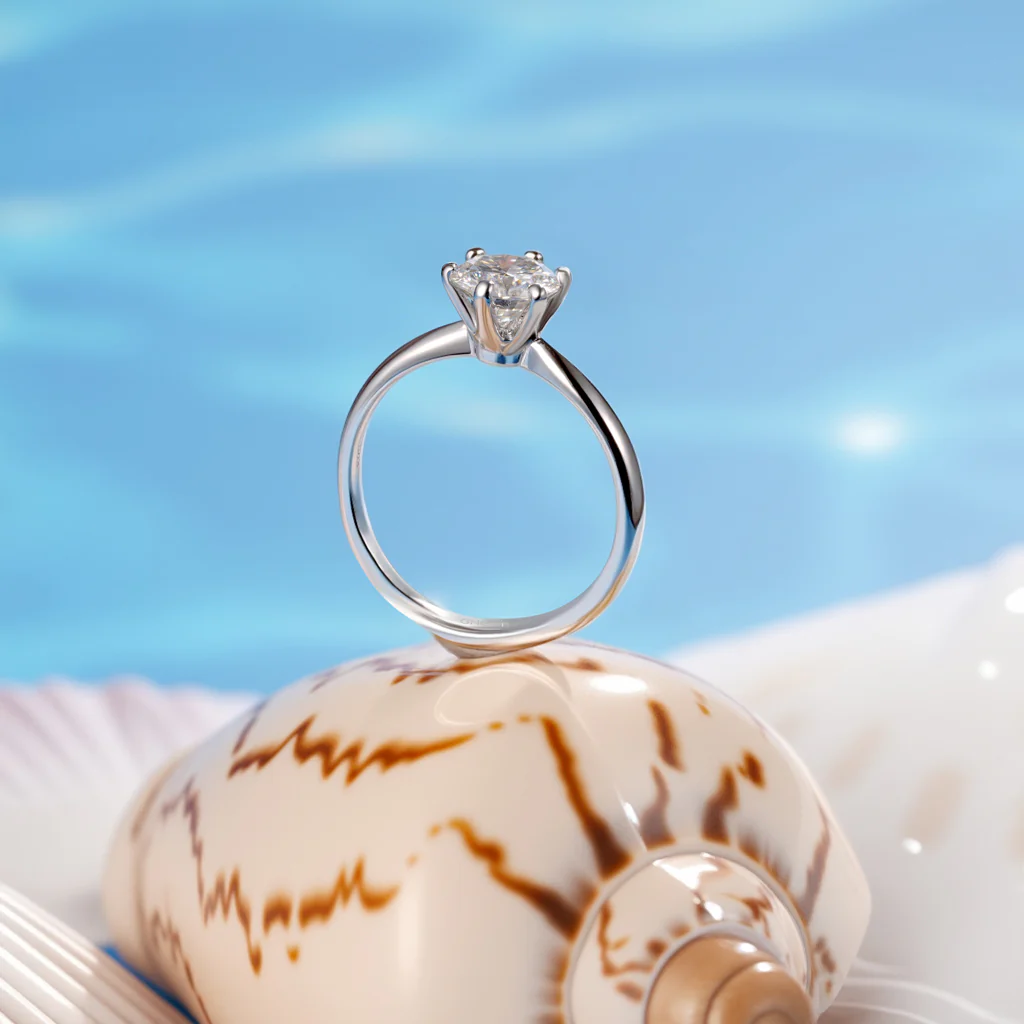 Gnoce Pierścionek Halo Okrągły Moissanite Mieszanka srebra platerowanego platyną - Image 3