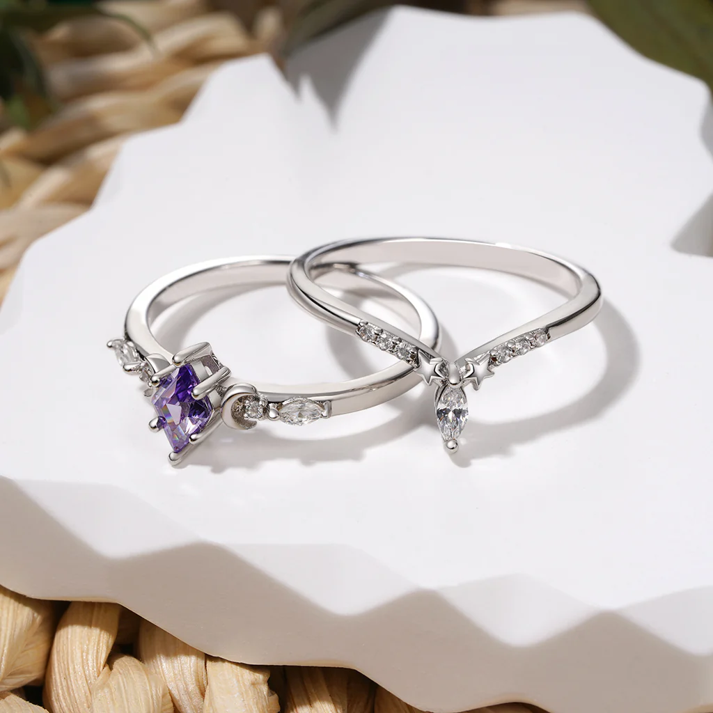 Gnoce Pierścionki stackable gwiazda księżyc cięte diamentem Mieszanka srebra platerowanego platyną - Image 3