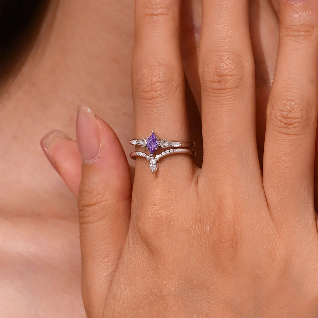 Gnoce Pierścionki stackable gwiazda księżyc cięte diamentem Mieszanka srebra platerowanego platyną - Image 5