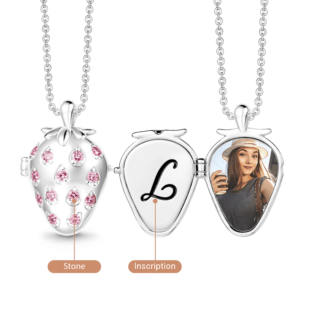 Gnoce Spersonalizowany naszyjnik locket w kształcie truskawki na zdjęcie z kamieniem szlachetnym i personalizowanym napisem - Image 2